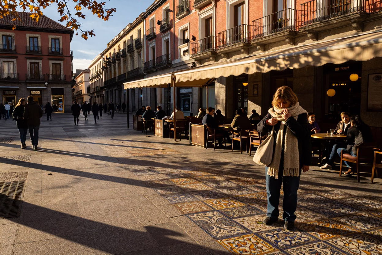 Golden Hour Madrid Street Scene with Wool Scarves and Leaf Shadows on Traditional Tile in in Madrid, Spain