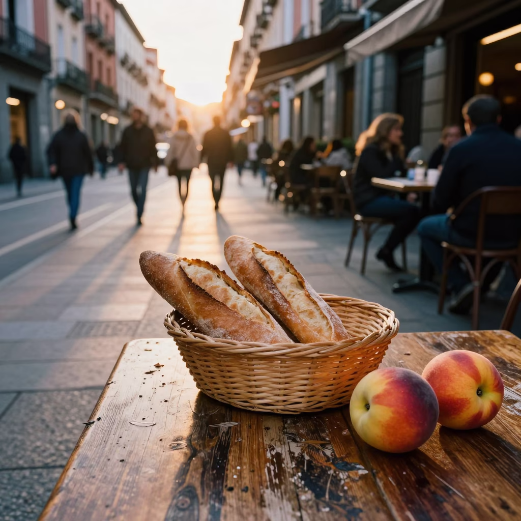 Golden Hour Madrid Street Scene with Woven Bread Basket and Nectarines on Wooden Table in in Madrid, Spain