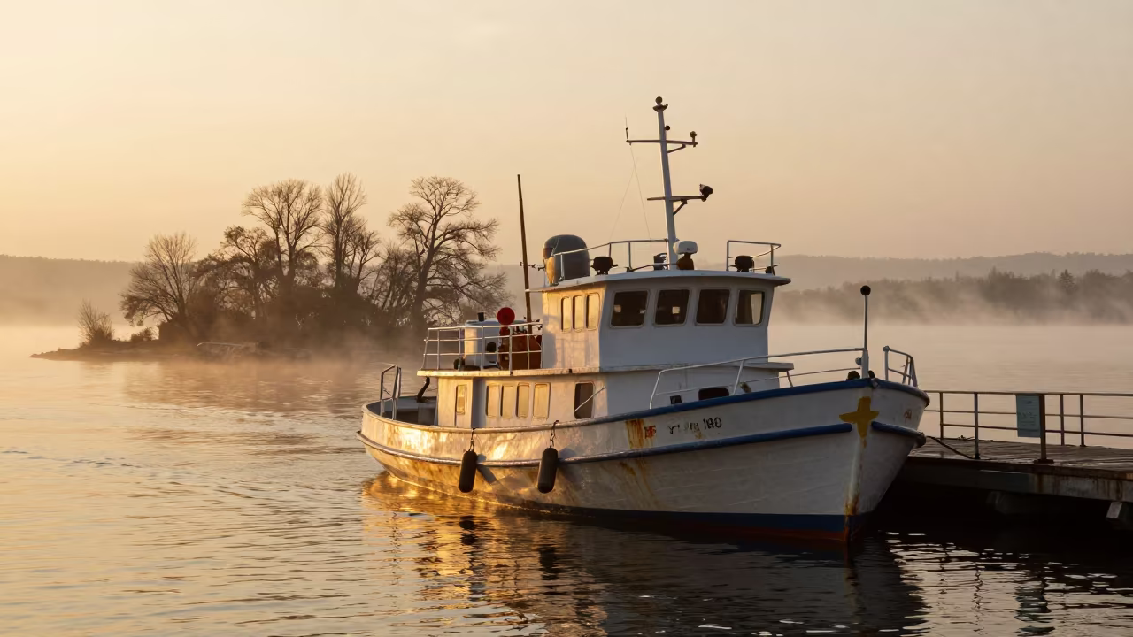 Golden Hour Mail Boat Arrives Serbian Island in across a remote ferry crossing in Serbia