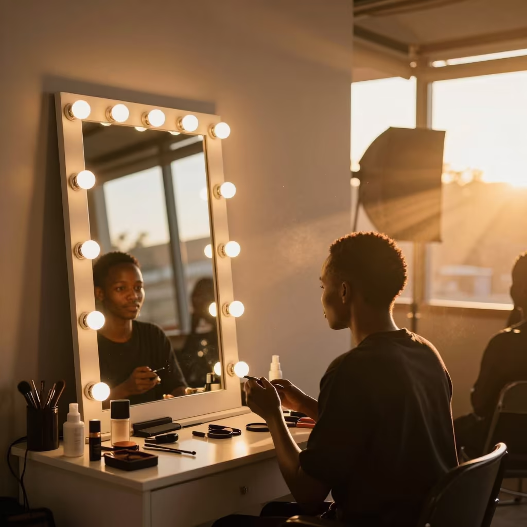 Golden Hour Makeup Station Mirror Reflection Arusha in under runway rehearsal lights near Arusha