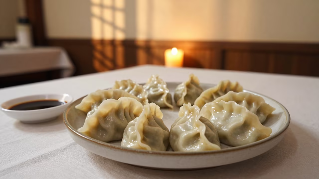 Golden Hour Mandu Dumplings on Linen Table in on a linen-covered restaurant table in Chongqing