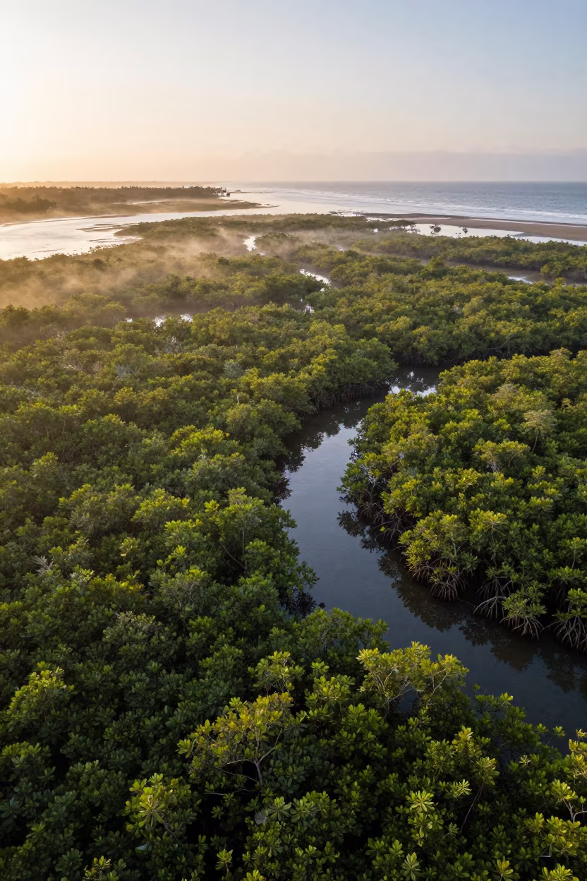 Golden Hour Mangrove Canopy Brazil Aerial View in far above surf-scalloped coastline in Brazil