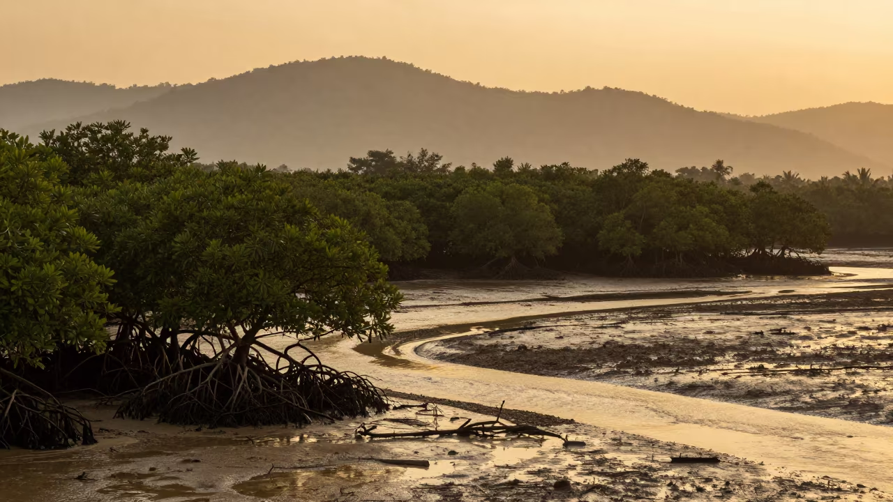 Golden Hour Mangrove Estuary Kerala Low Tide Ridge in from a ridge above layered foothills in Kerala