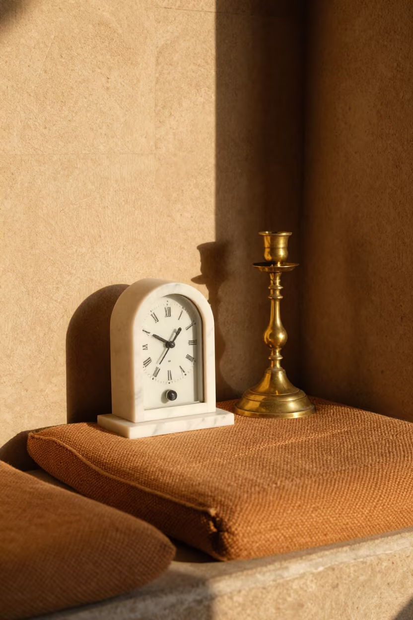 Golden Hour Mantelpiece Clock Candlesticks Yazd in on a reading nook cushion in Yazd