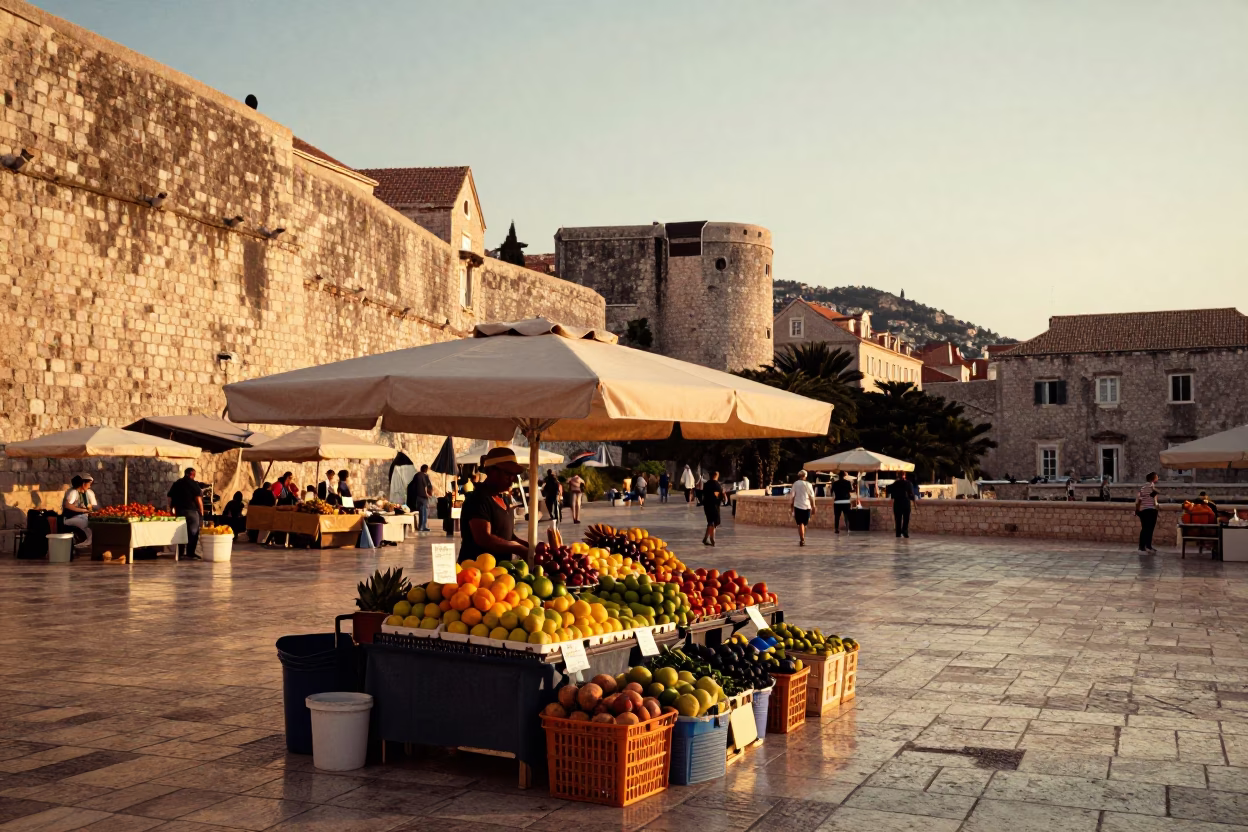 Golden Hour Market Scene in Dubrovnik Croatia with Fresh Fruit Display in in Dubrovnik, Croatia