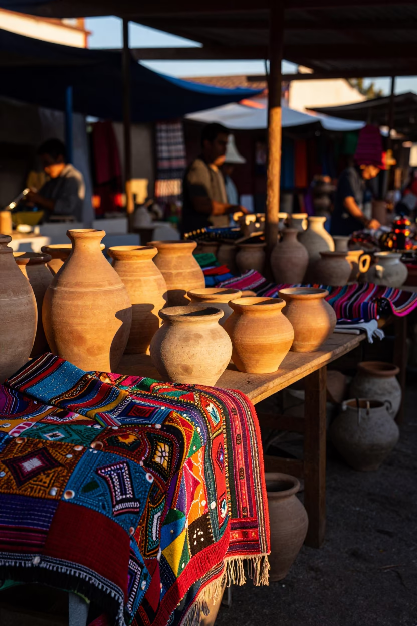 Golden Hour Market Scene in Oaxaca Mexico with Stoneware Crocks and Colorful Textiles in in Oaxaca, Mexico