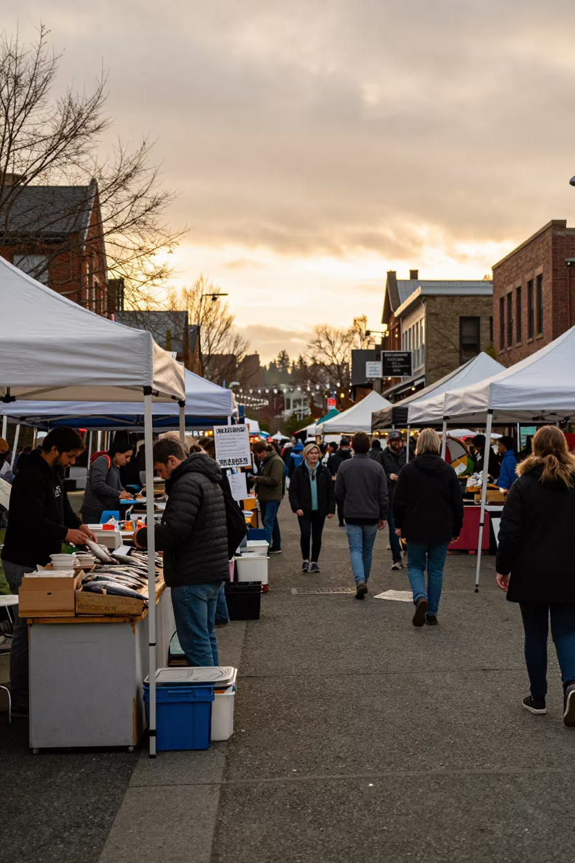 Golden Hour Market Scene in Wallingford Seattle in beside a fish counter in Wallingford, Seattle