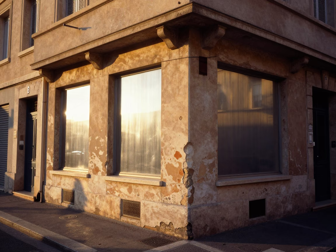 Golden Hour Marseille Street Scene with Brushed Steel Window Glass and Rosemary Sprigs in in Marseille, France