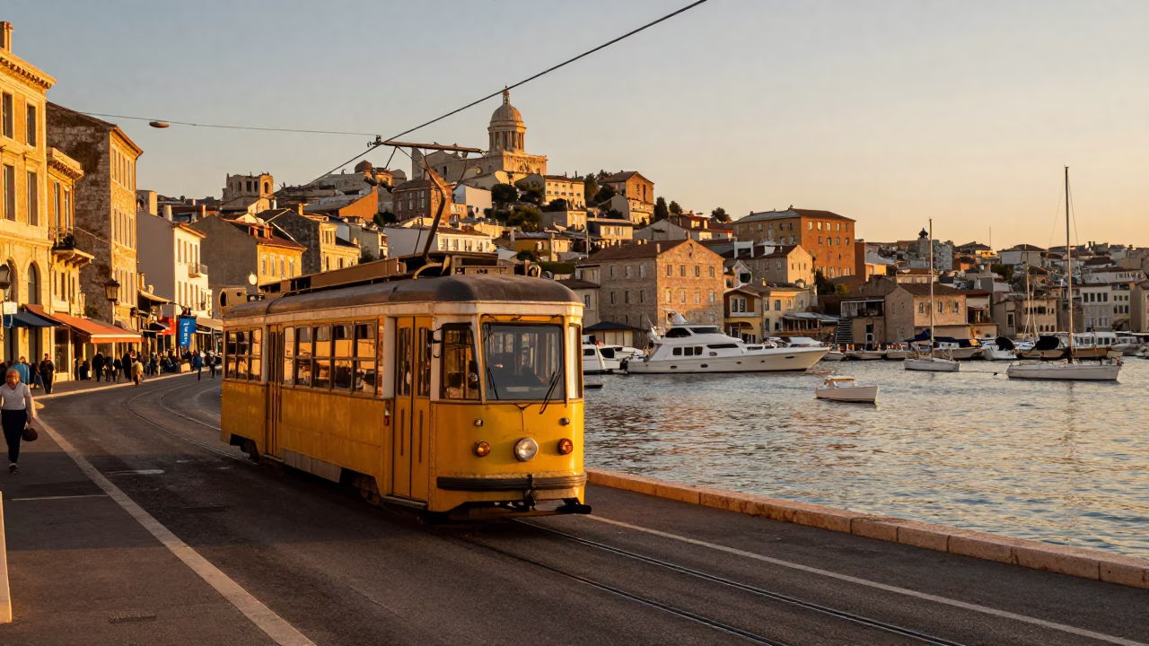 Golden Hour Marseille Street Scene with Cable Car and Local Life in in Marseille, France