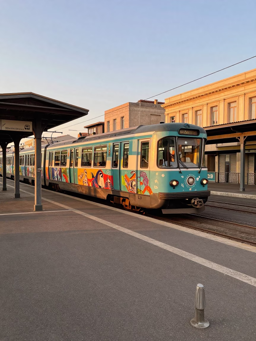 Golden Hour Marseille Street Scene with Metro Train and Vintage Details in in Marseille, France