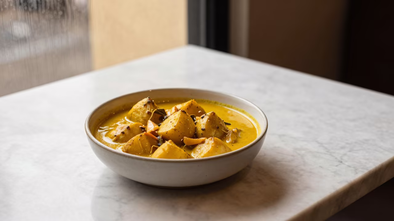 Golden Hour Massaman Curry on Marble in on a marble cafe table in Monrovia