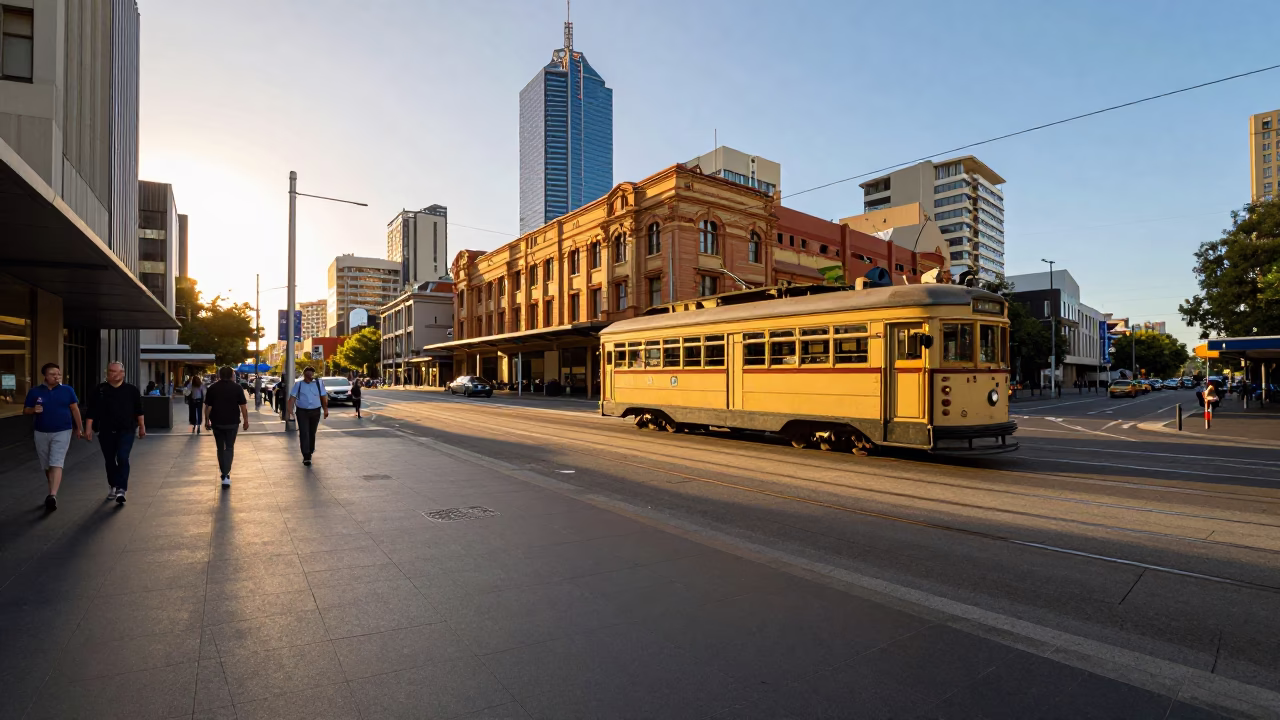 Golden Hour Melbourne Street Scene with Heritage Tram and Urban Activity in in Melbourne, Victoria, Australia