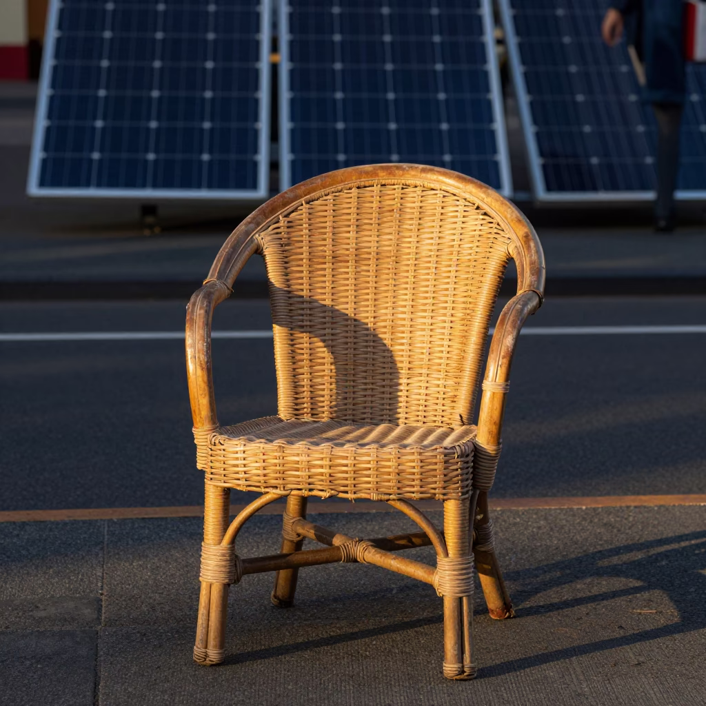 Golden Hour Melbourne Street Scene with Rattan Chair and Solar Array Reflections in in Melbourne, Victoria, Australia