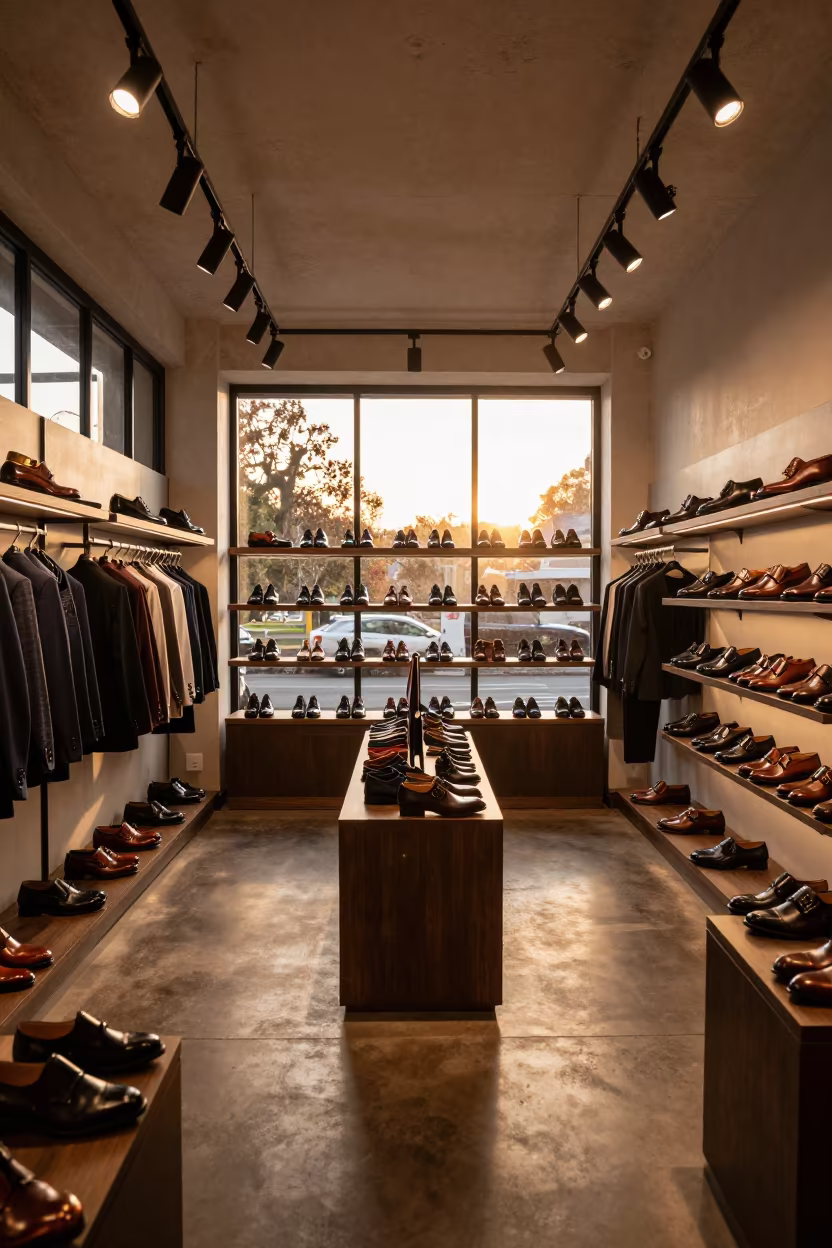 Golden Hour Menswear Showroom Sydney in under runway rehearsal lights in Sydney