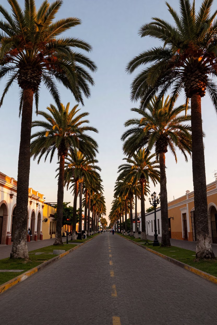 Golden Hour Merida Mexico Palm Tree Avenue Colonial Architecture Street Scene in in Merida, Mexico