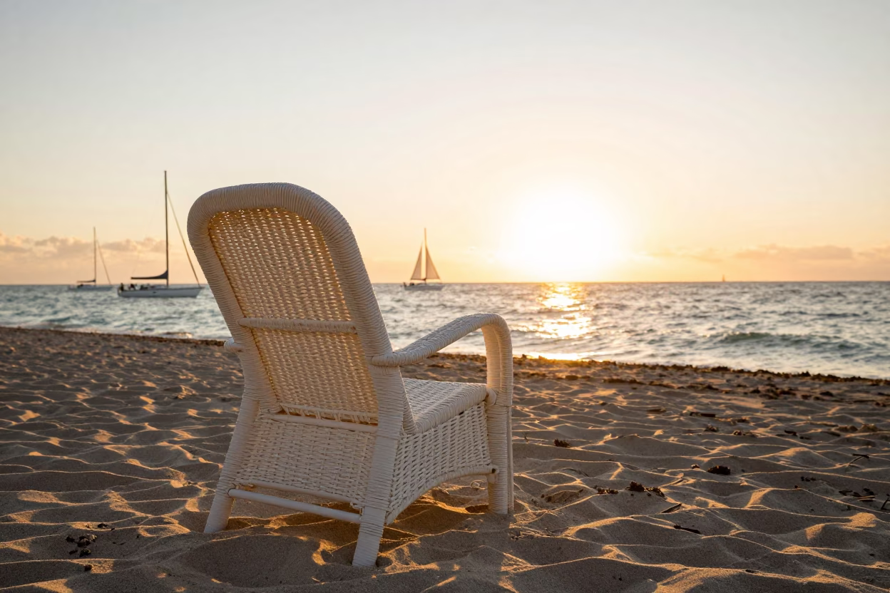 Golden Hour Miami Beach Art Deco Deck Chair and Sailboats in in Miami, Florida, United States