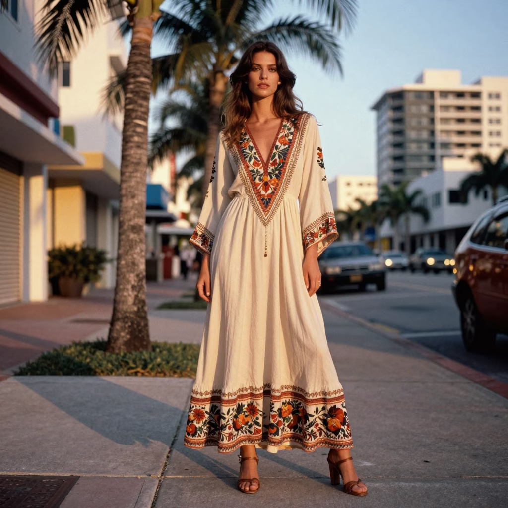 Golden Hour Miami Florida High Fashion Model in Vintage 1970s Chic Style in in Miami, Florida, United States