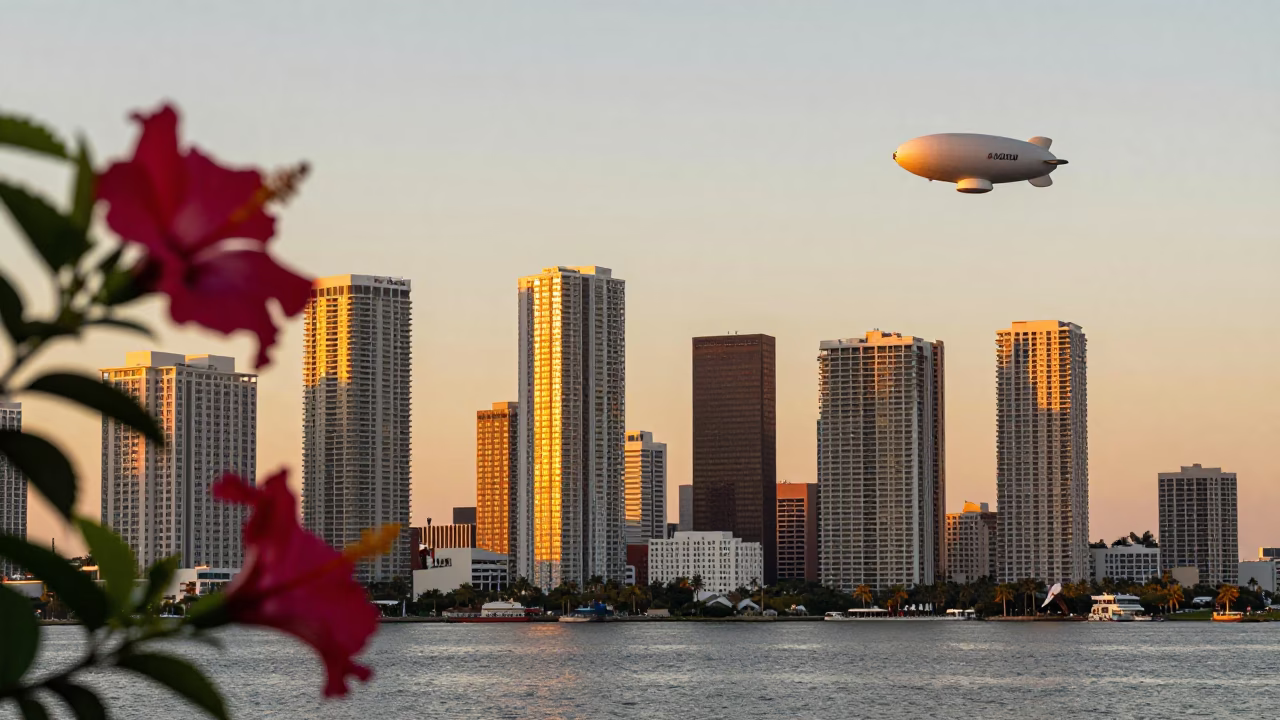 Golden Hour Miami Skyline with Hibiscus Flower and Zeppelin Airship Floating Over Downtown Florida in in Miami, Florida, United States