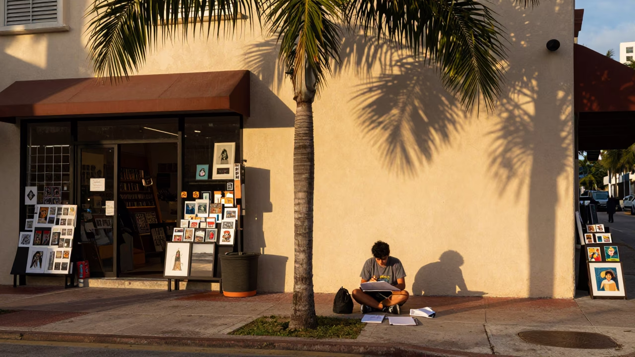 Golden Hour Miami Street Corner with Art Supplies and Local Commerce in in Miami, Florida, United States