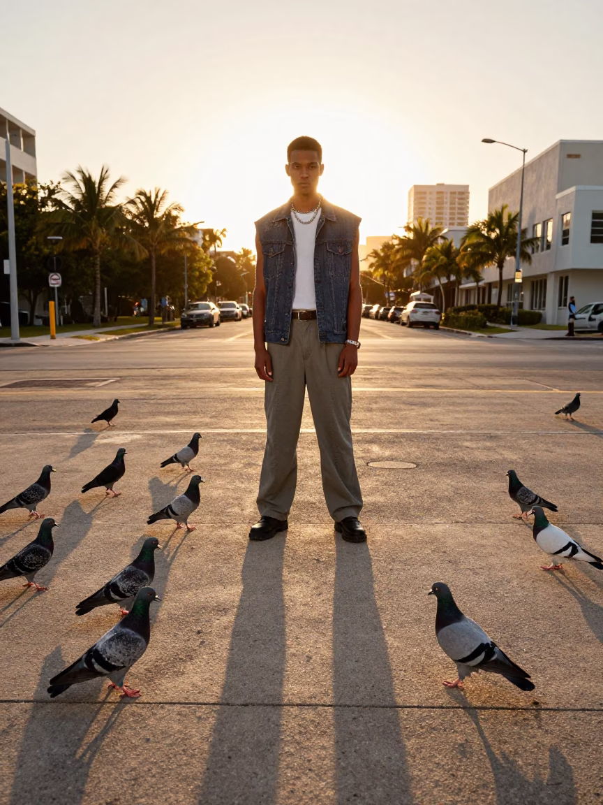 Golden Hour Miami Street Fashion Model Pigeons and Urban Concrete in in Miami, Florida, United States