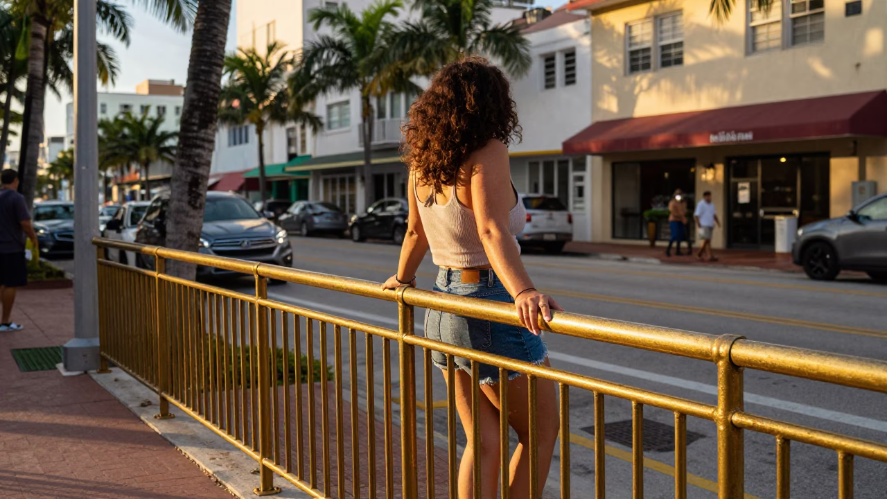 Golden Hour Miami Street Scene with Brass Rail and Local Vibe in in Miami, Florida, United States