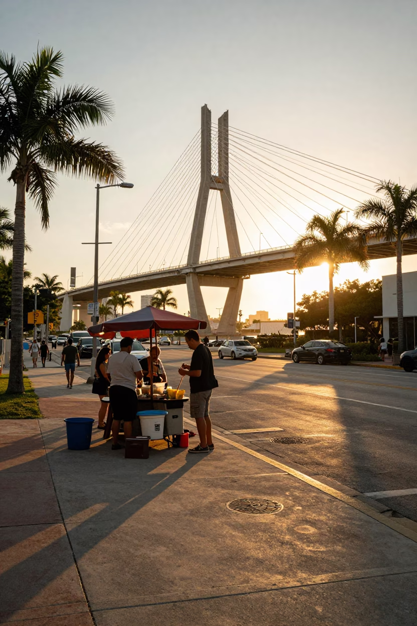 Golden Hour Miami Street Scene with Cable-Stayed Bridge and Local Vendor in in Miami, Florida, United States