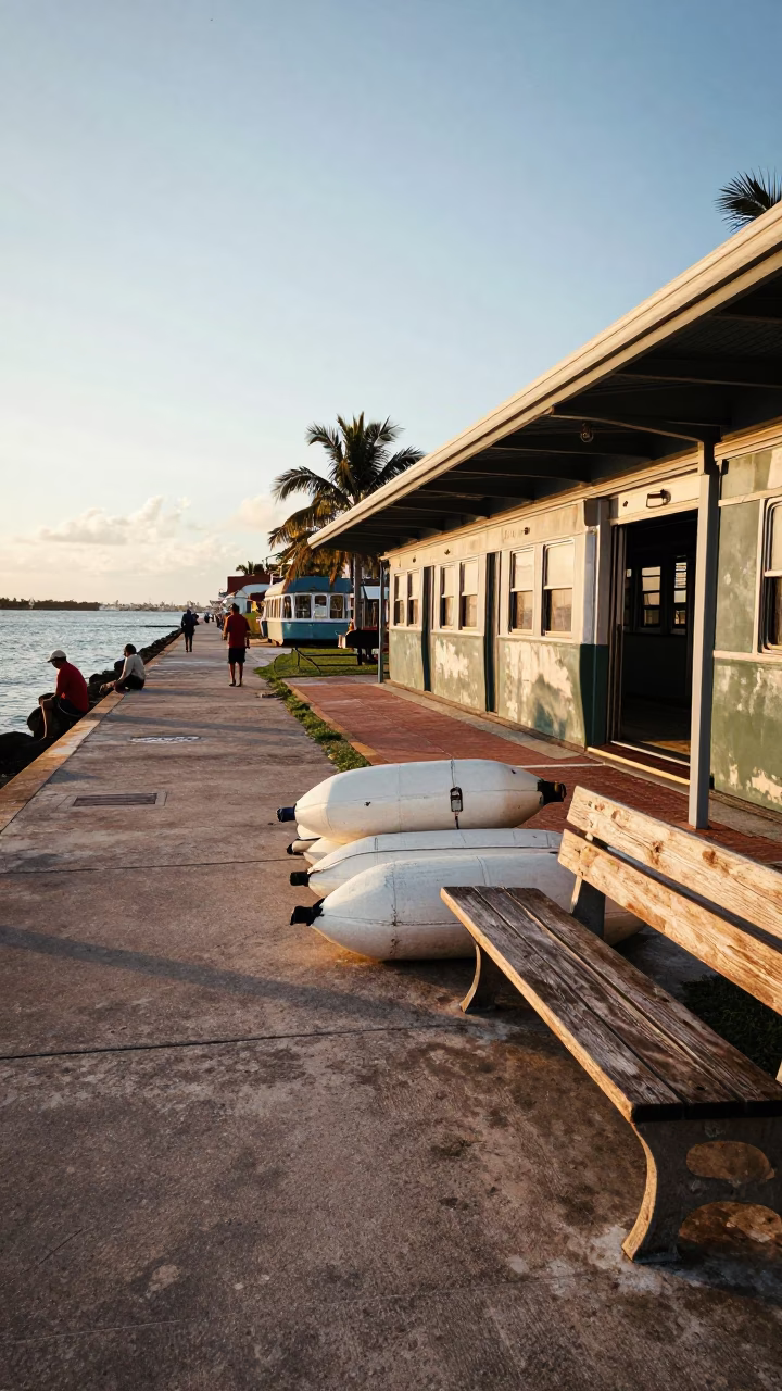 Golden Hour Miami Street Scene with Fishermen and Vintage Train Station Clock in in Miami, Florida, United States