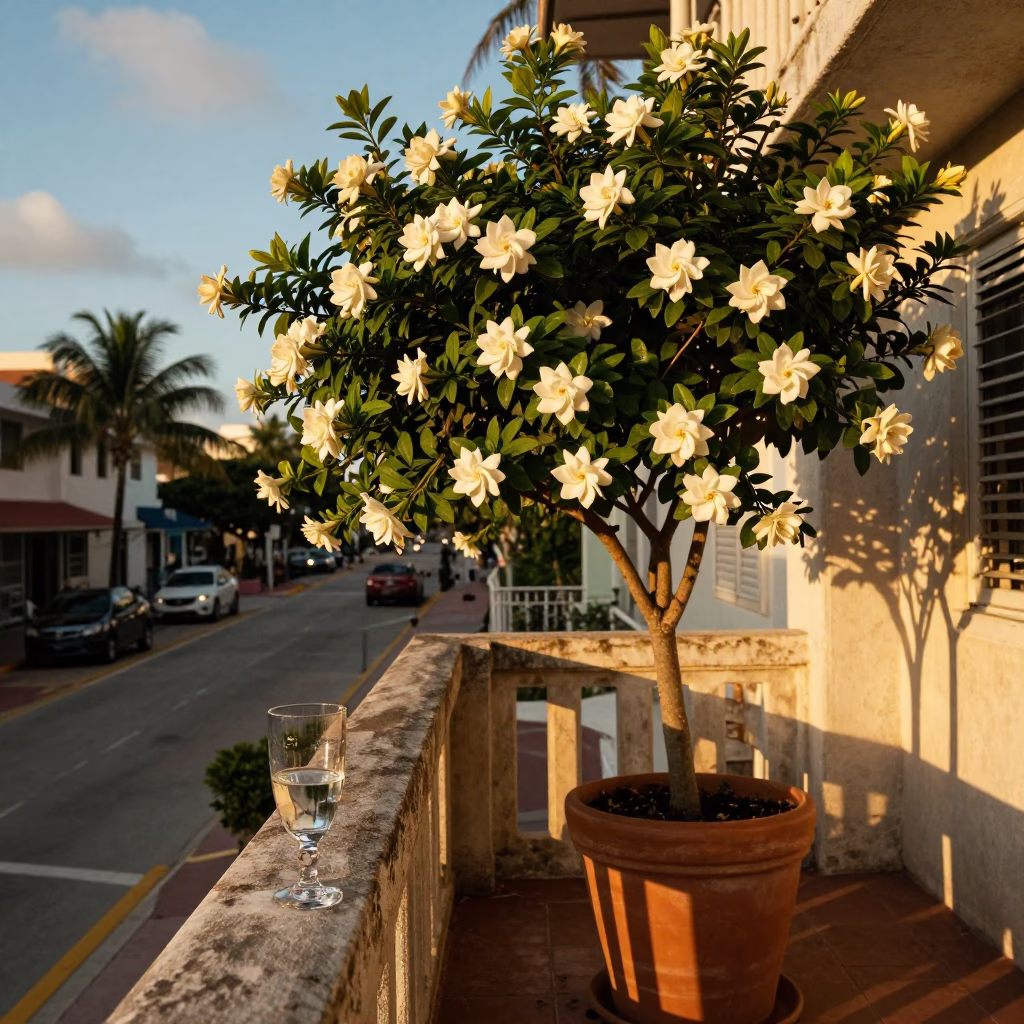 Golden Hour Miami Street Scene with Gardenia Bush and Mezcal Glass on Balcony in in Miami, Florida, United States