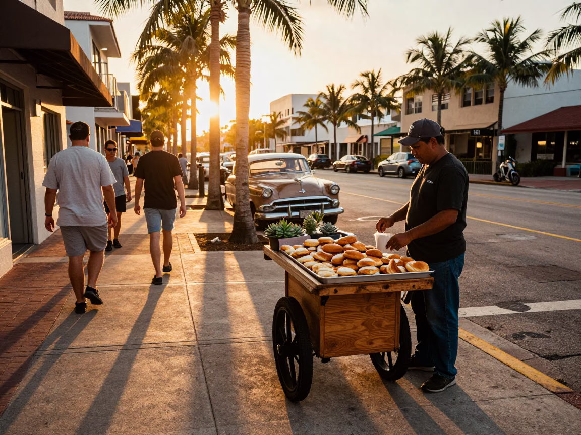 Golden Hour Miami Street Scene with Pastries and Succulents in 1950s Style in in Miami, Florida, United States
