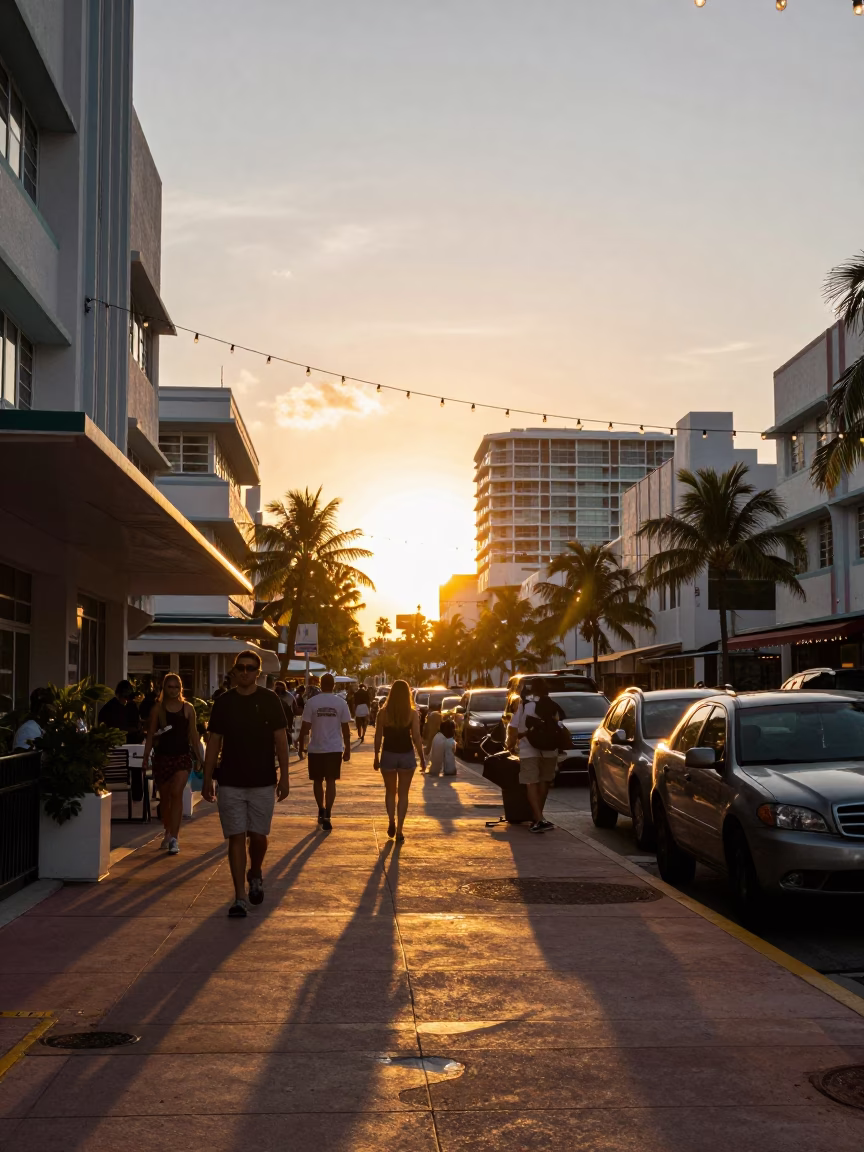 Golden Hour Miami Street Scene with String Lights and High Fashion Elegance in in Miami, Florida, United States