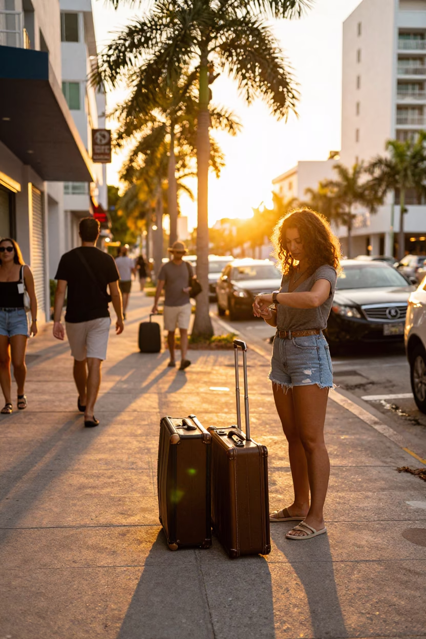 Golden Hour Miami Street Scene with Suitcases and Travelers at Sunset in in Miami, Florida, United States