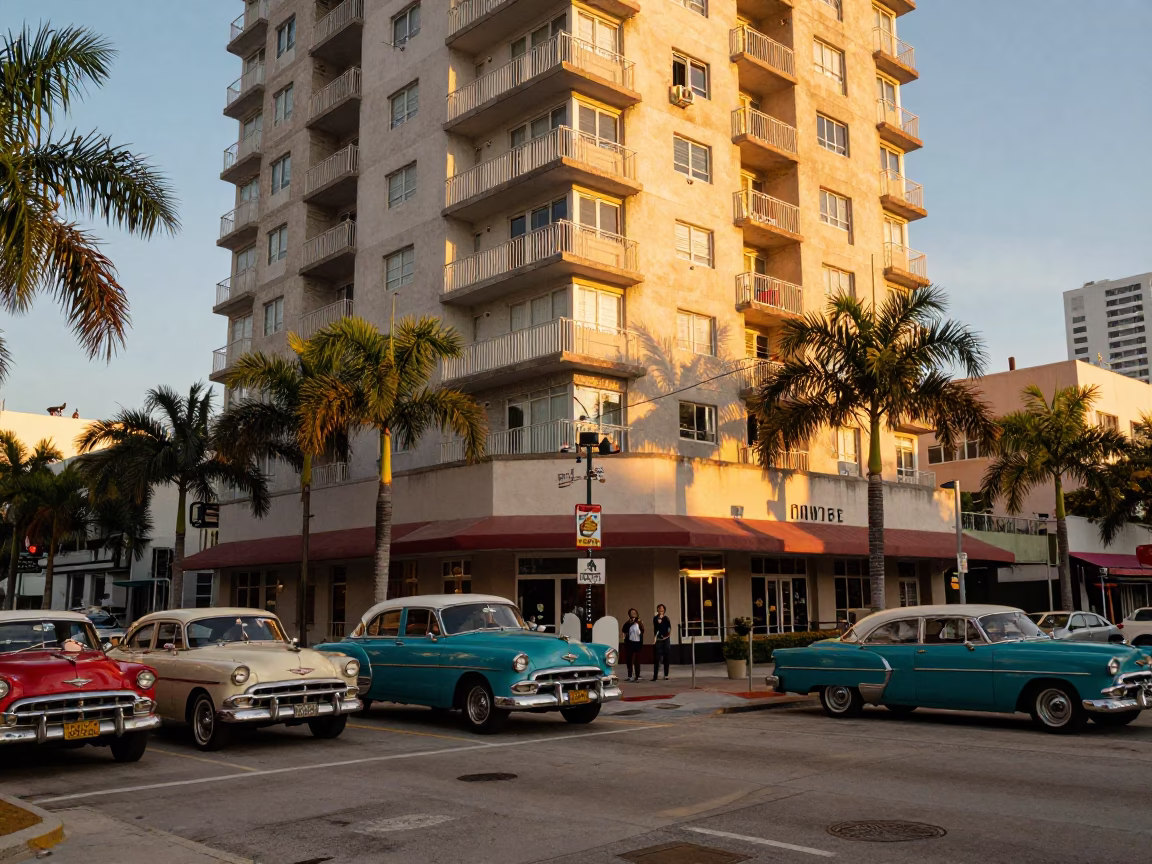 Golden Hour Miami Street Scene with Vintage Cars and Concrete Apartment Blocks in in Miami, Florida, United States