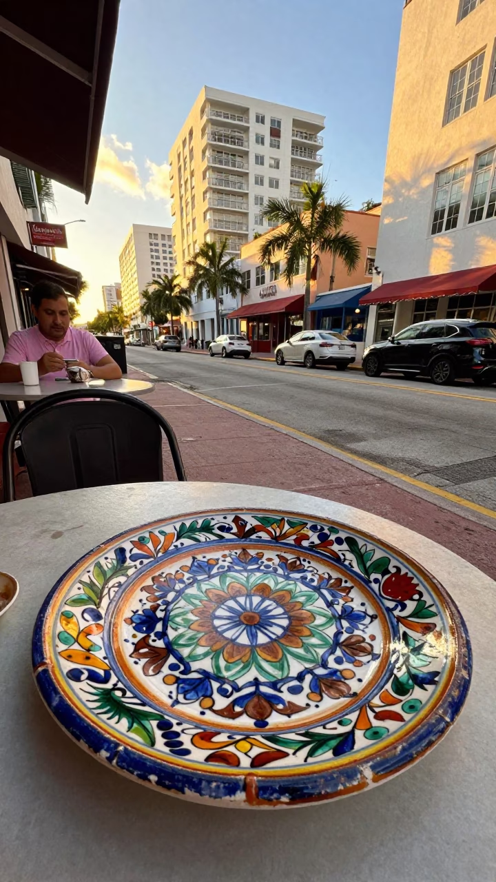 Golden Hour Miami Street Scene with Vintage Italian Majolica Plate and Goblet in in Miami, Florida, United States