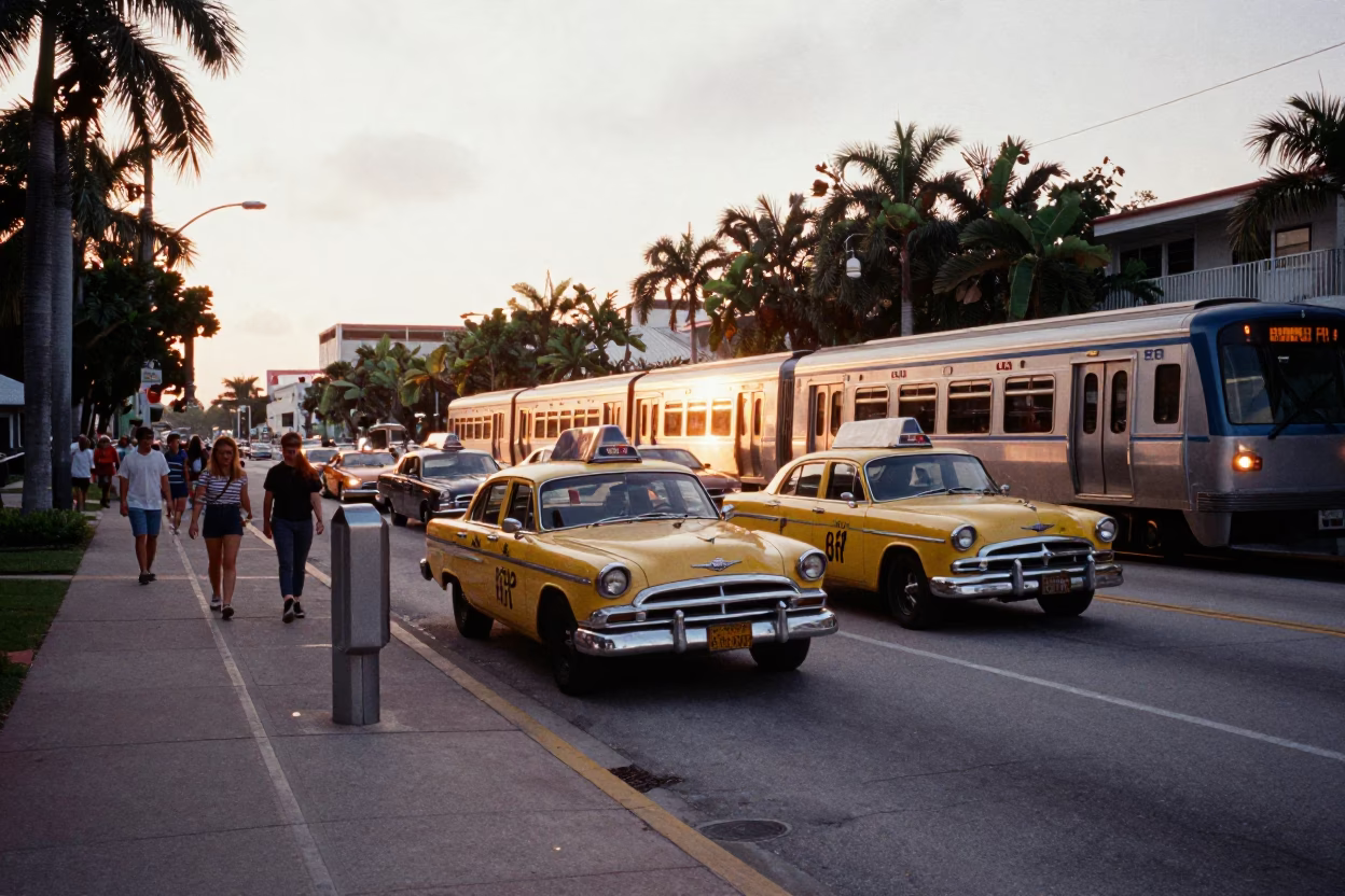 Golden Hour Miami Street Scene with Vintage Taxi Rank and Train Station Twilight Ambiance in in Miami, Florida, United States