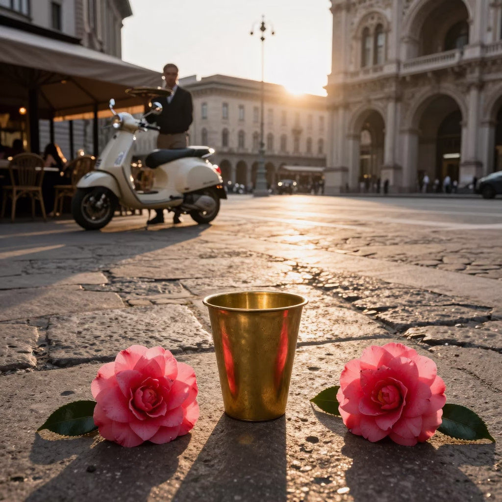 Golden Hour Milan Street Scene with Brass Cup and Camellia in in Milan, Italy