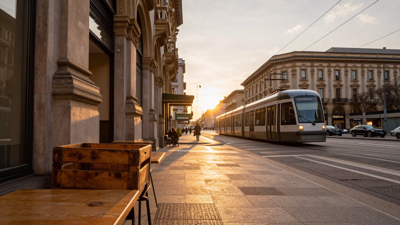 Golden Hour Milan Street Scene with Monorail and Vintage Crate at Sunset in in Milan, Italy