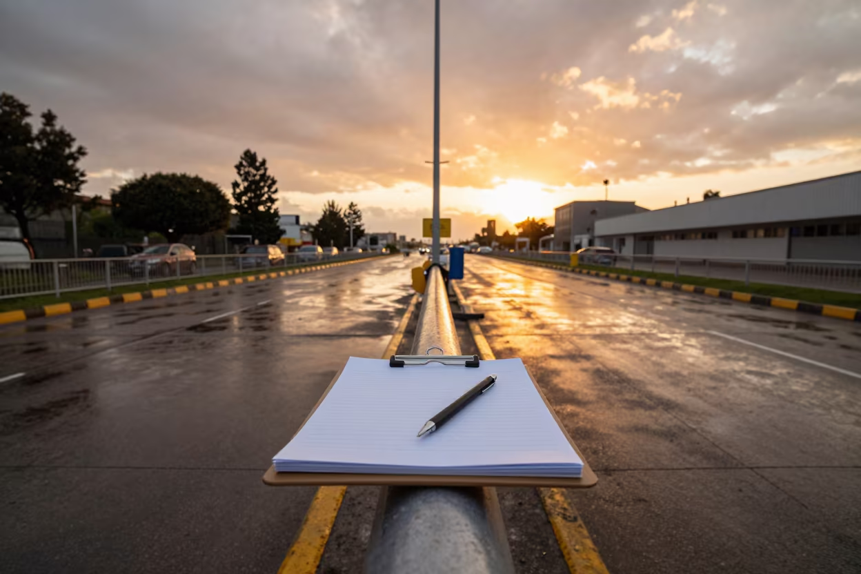 Golden Hour Military Clipboard at Quito Checkpoint in at a checkpoint lane in Quito