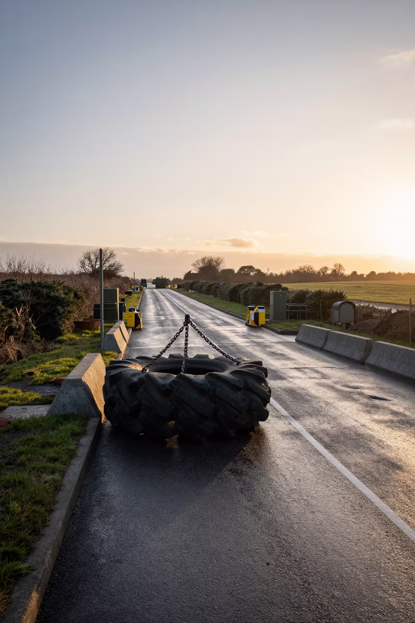 Golden Hour Military Tire Chain Rack Northern Ireland in at a checkpoint lane in Northern Ireland