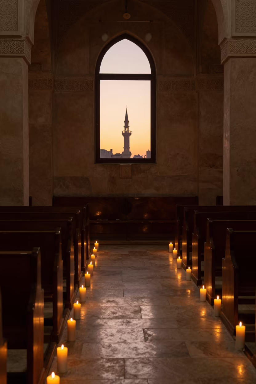 Golden Hour Minaret Call to Prayer Jeddah Nave in inside a candlelit nave in Jeddah
