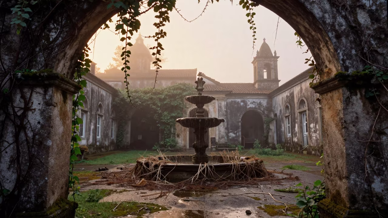 Golden Hour Mist Over Crumbling Portuguese Hacienda in along a vine-choked corridor in Portugal