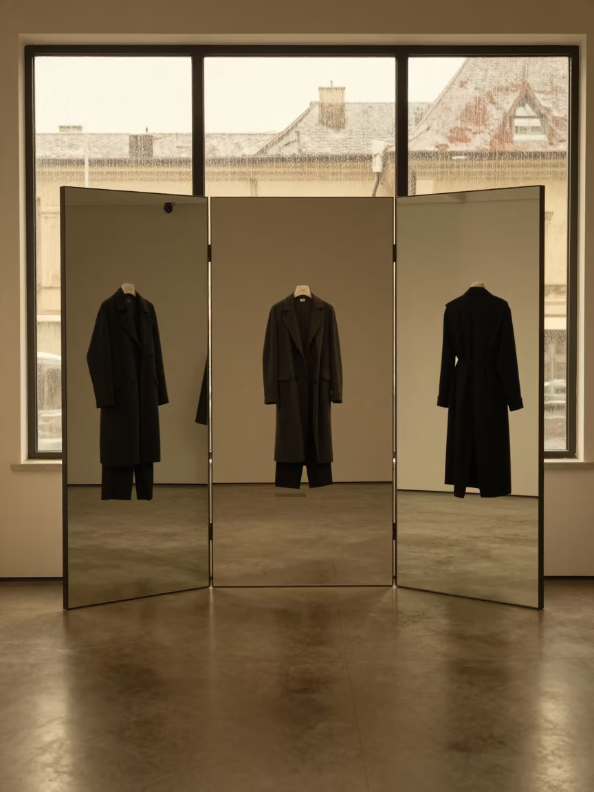 Golden Hour Model Reflected in Backstage Mirror Sibiu in inside a minimalist showroom in Sibiu