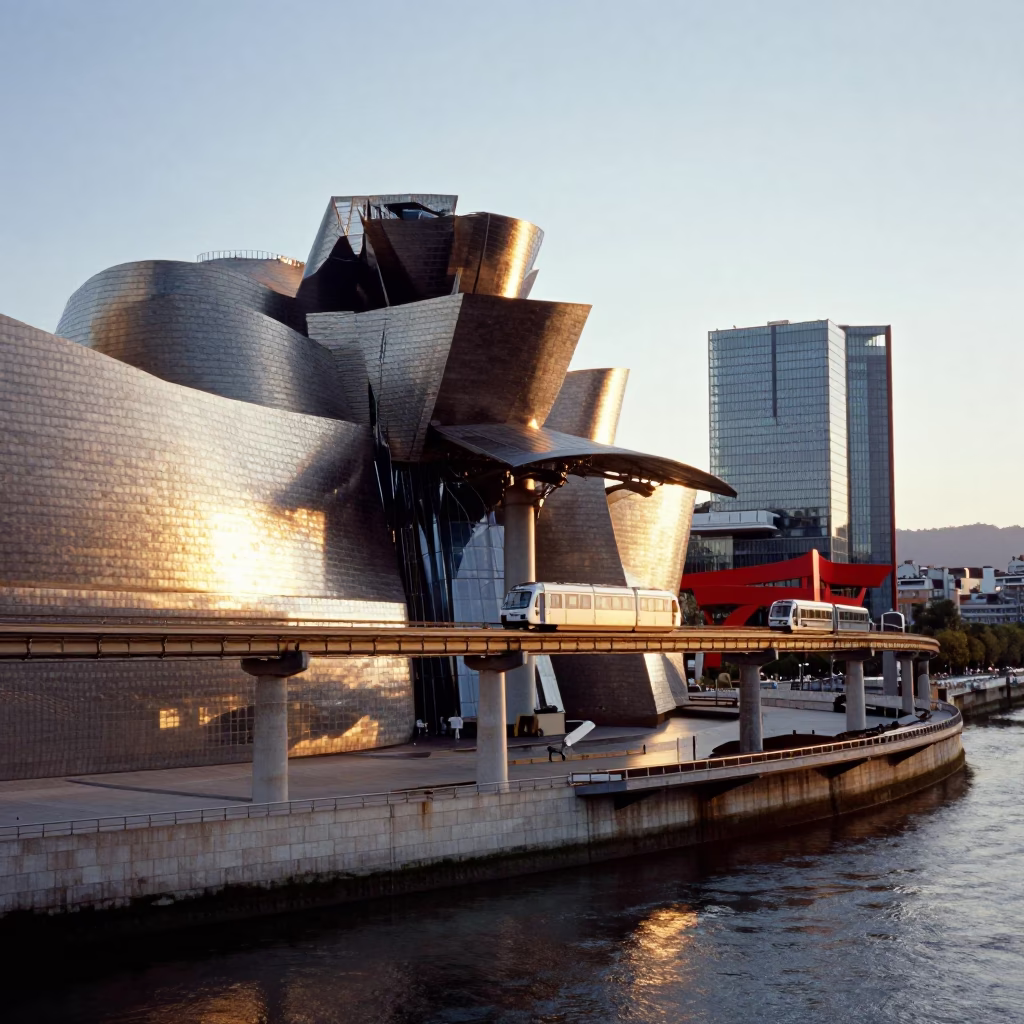 Golden Hour Monorail Gliding Past Glass Towers in Bilbao Spain in in Bilbao, Spain