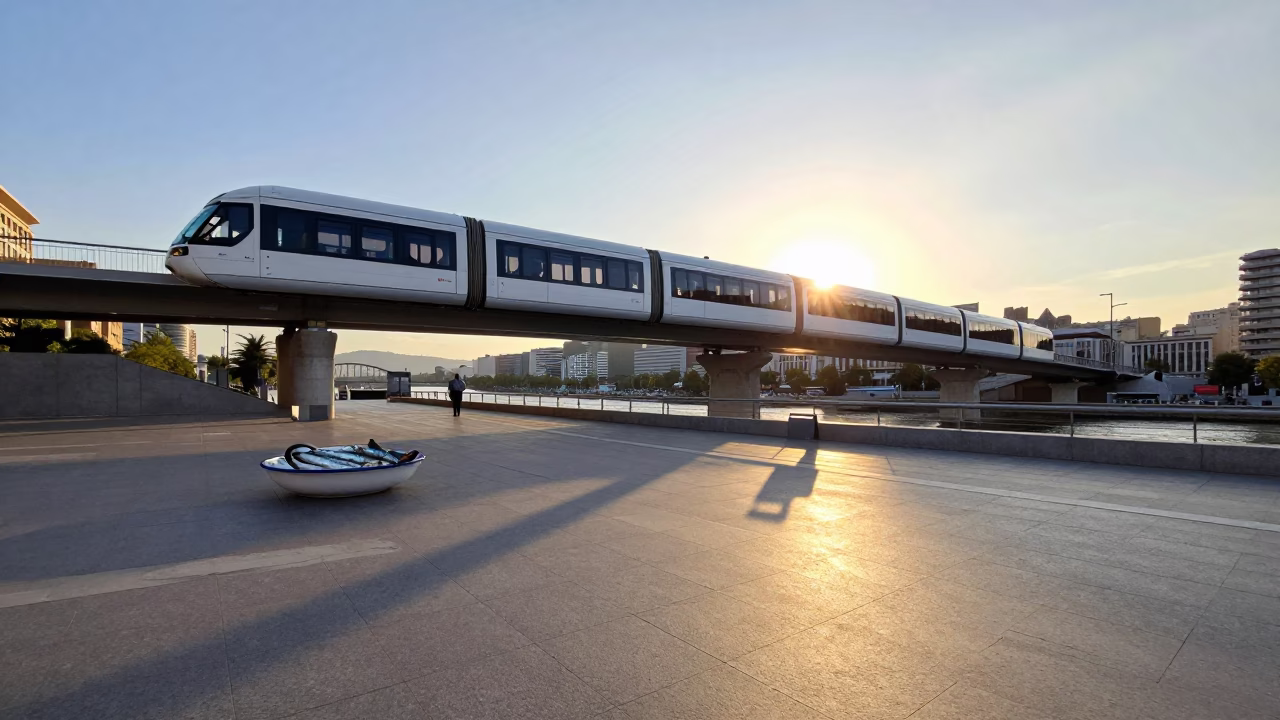 Golden Hour Monorail Over Bilbao Plaza with Sardines and Enamel Bowls in in Bilbao, Spain