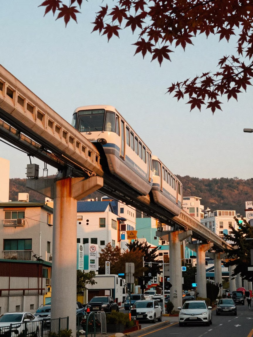 Golden Hour Monorail Over Busan City Street with Japanese Maple Leaves in in Busan, South Korea