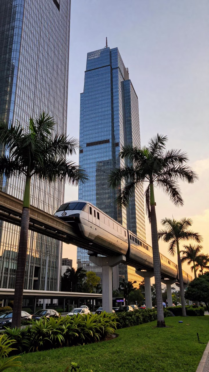 Golden Hour Monorail Passing Palm Trees and Glass Towers in Mexico City in in Mexico City, Mexico
