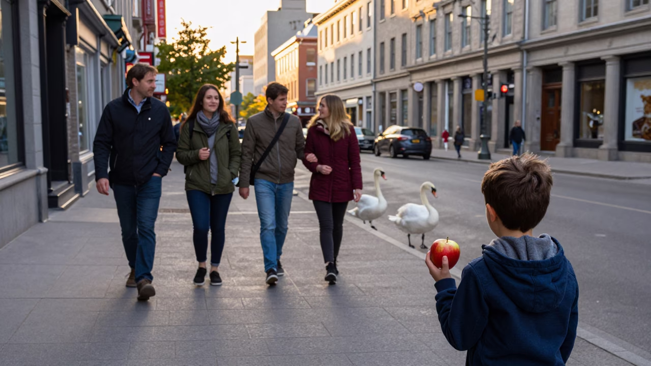 Golden Hour Montreal Street Scene with Swans and Apples in in Montreal, Quebec, Canada