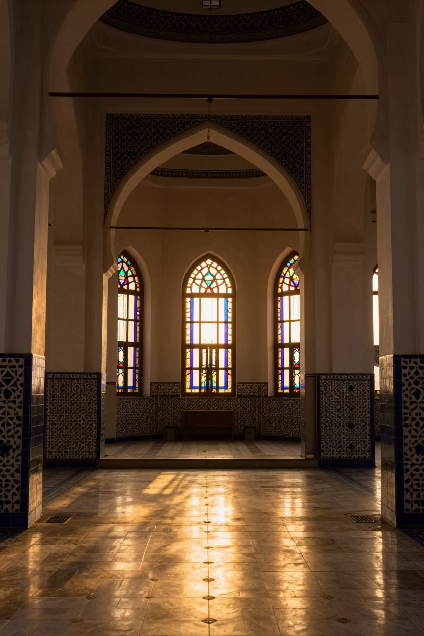 Golden Hour Mosque Interior Stained Glass Patterns in in a chapel lit by stained glass in Nouakchott