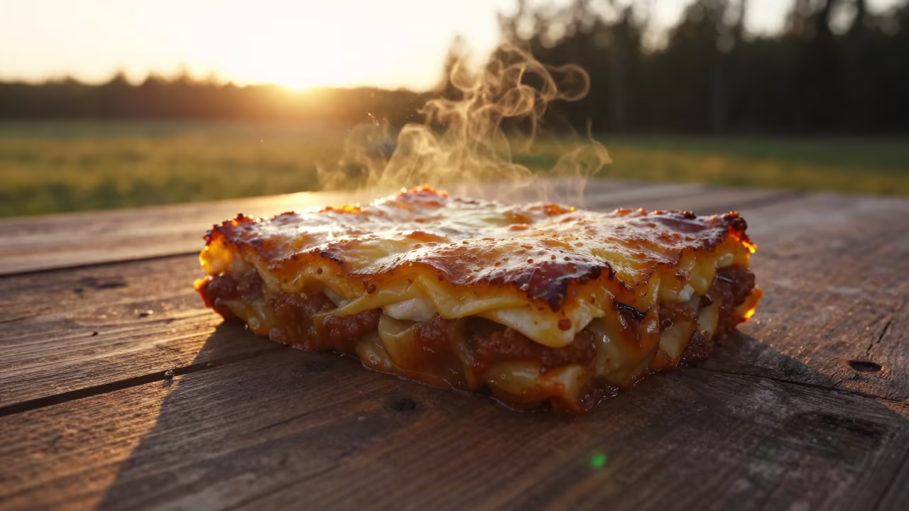 Golden Hour Moussaka on Rustic Table in on a rustic wooden table in Fairbanks