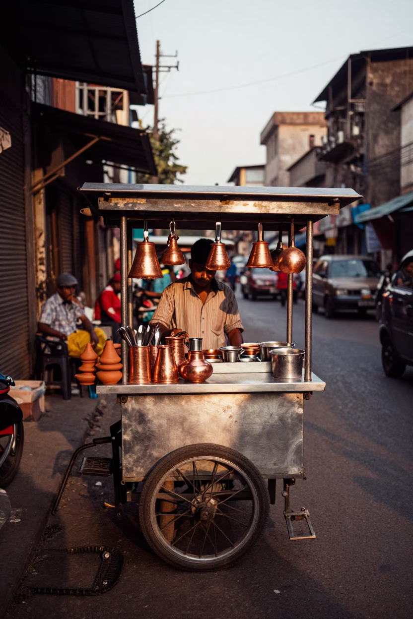Golden Hour Mumbai Street Food Stall with Copper Utensils and Clay Pots in in Mumbai, India