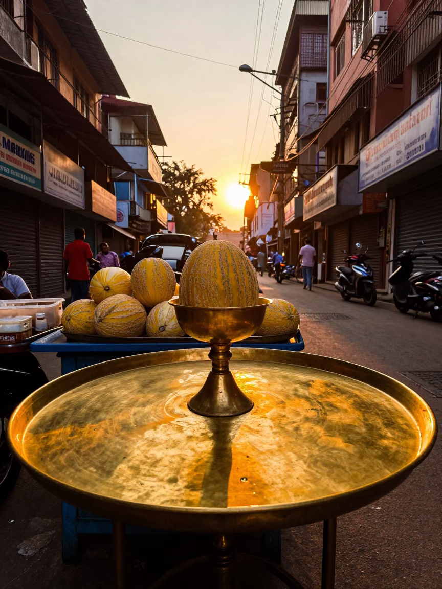 Golden Hour Mumbai Street Scene with Brass Tabletop and Melons in in Mumbai, India